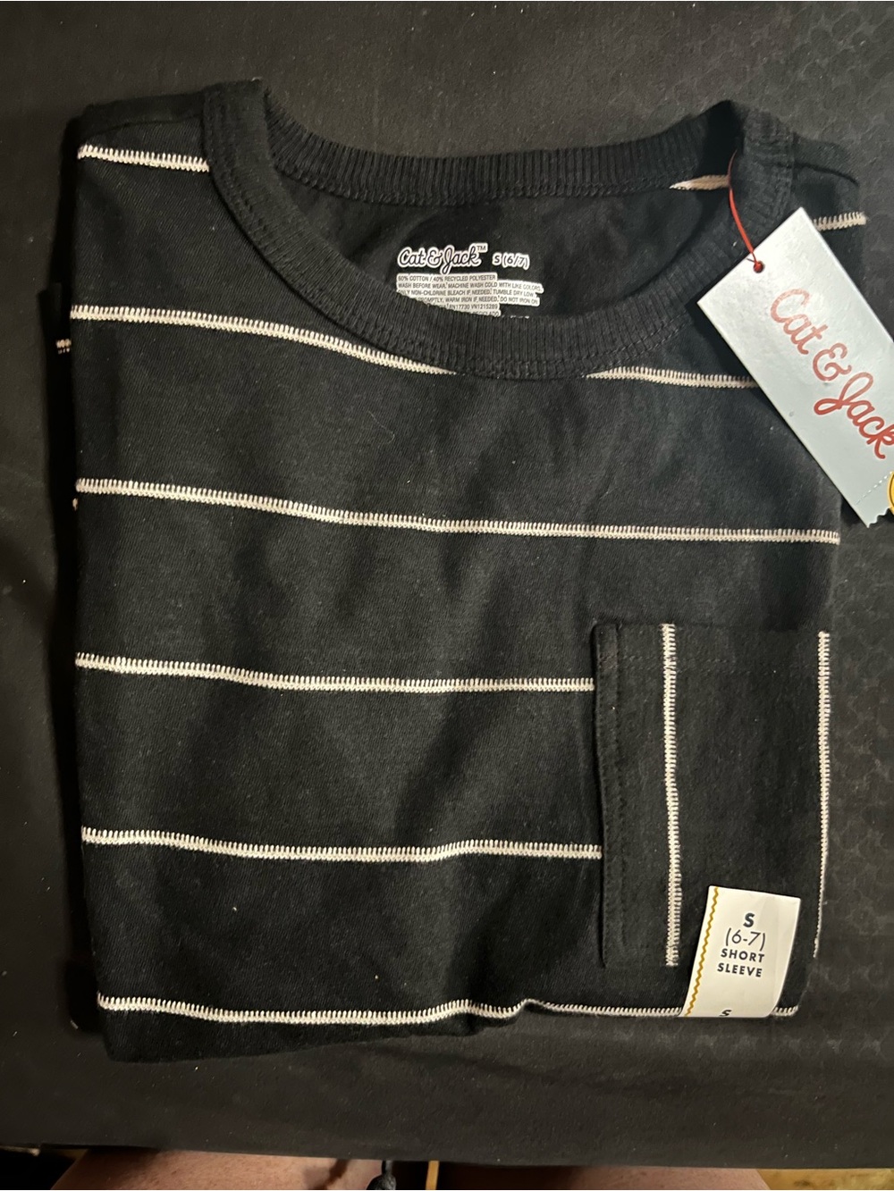 Cat & Jack Black Crewneck Tshirt with White Stripes and Pocket NWT